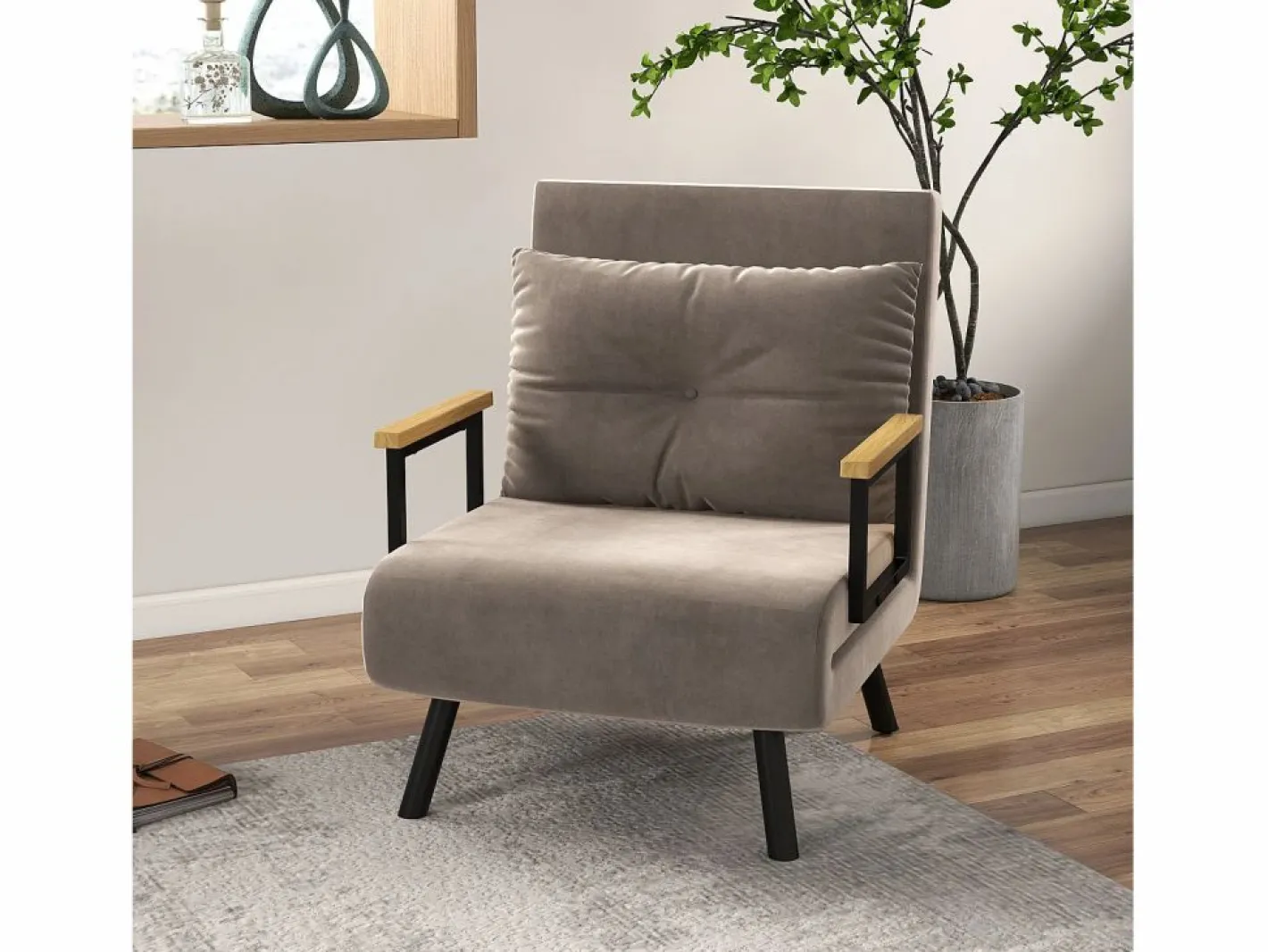 Sillón convertible con respaldo reclinable en 5 posiciones, acero, terciopelo beige claro (63x73x81cm)^ Discount
