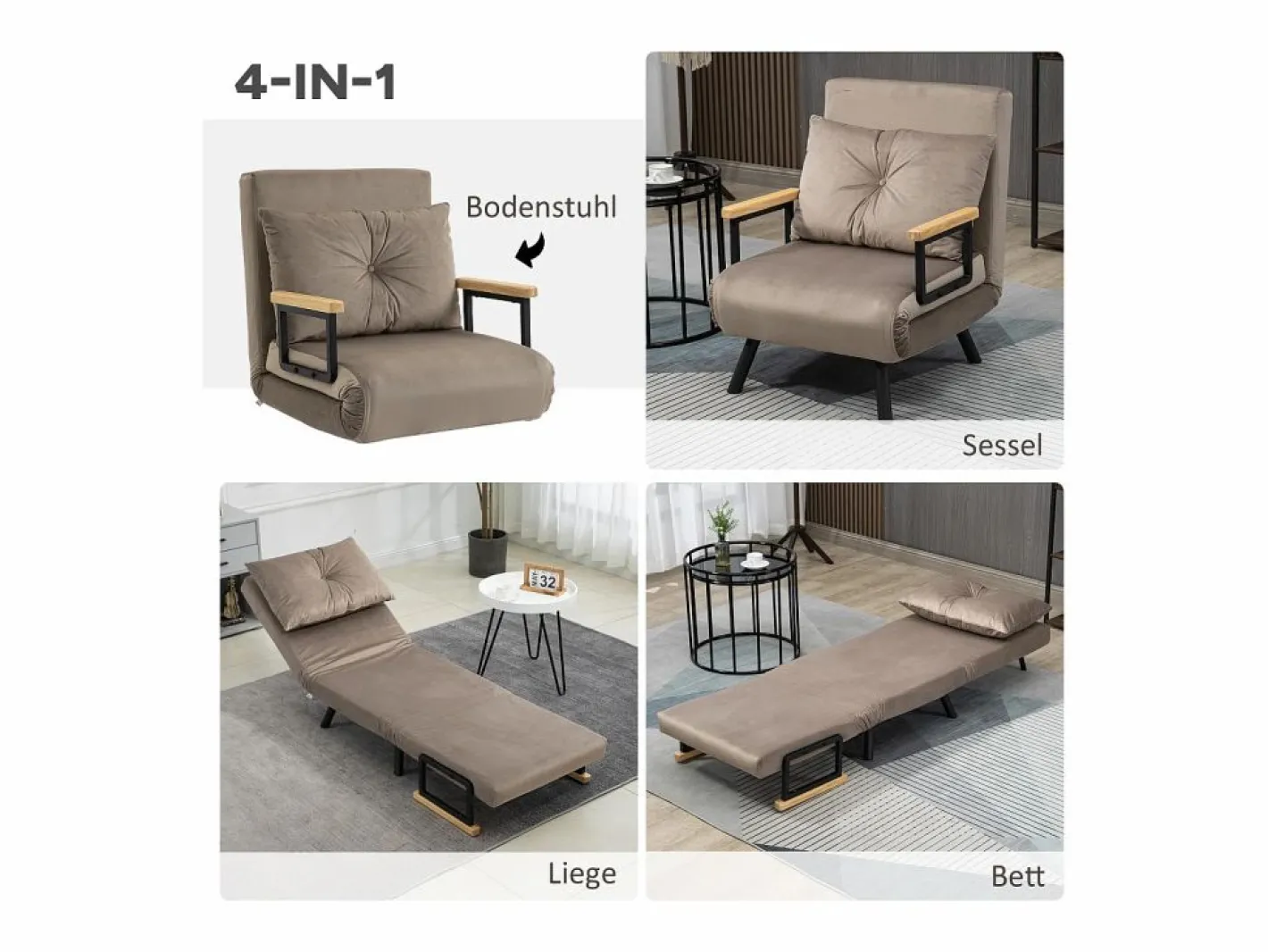 Sillón convertible con respaldo reclinable en 5 posiciones, acero, terciopelo beige claro (63x73x81cm)^ Discount
