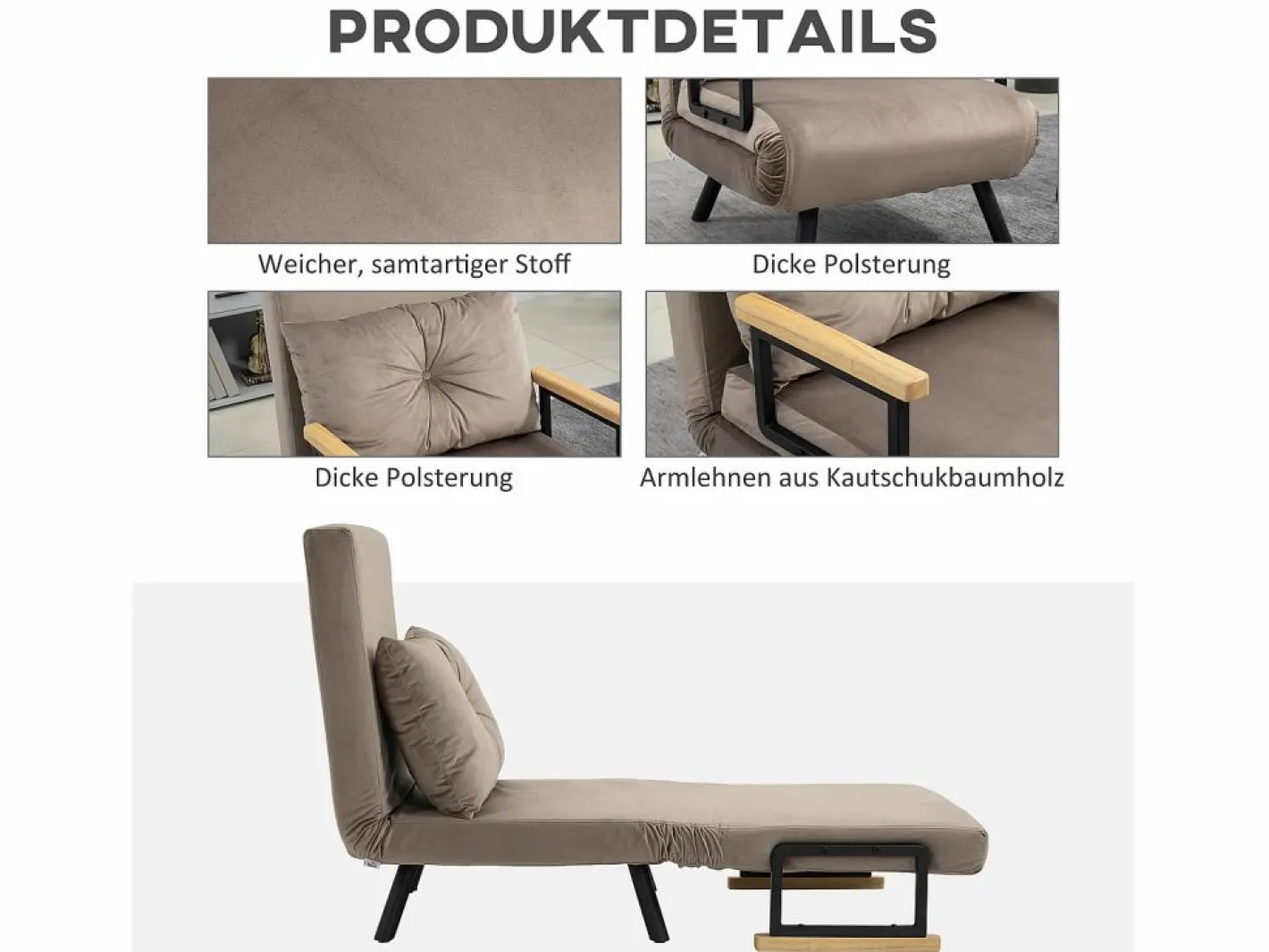 Sillón convertible con respaldo reclinable en 5 posiciones, acero, terciopelo beige claro (63x73x81cm)^ Discount
