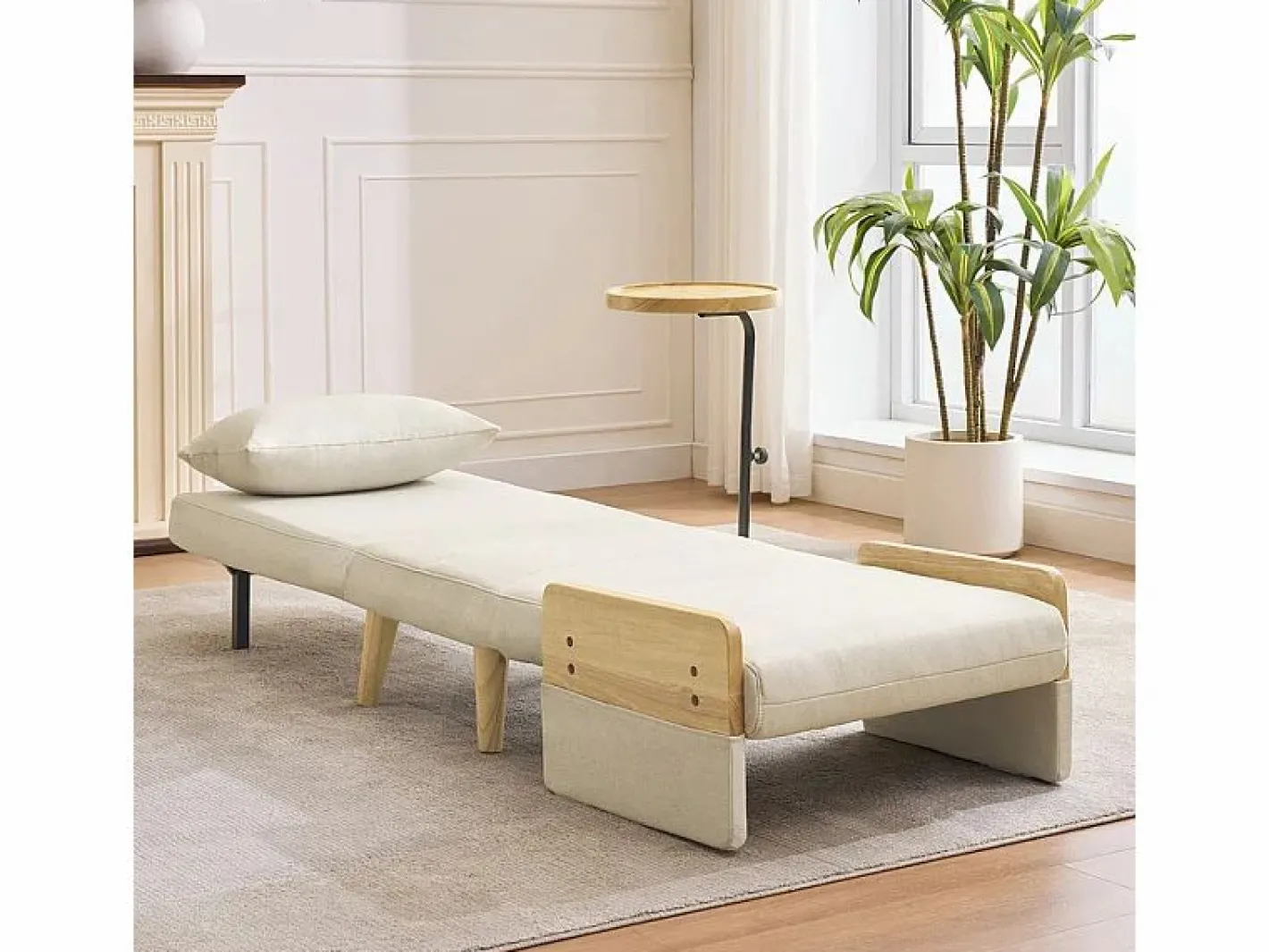DripeX Sillón Cama|Sillón convertible de lino , con mesa de madera y almohada, respaldo ajustable, superficie para acostarse 180x62 cm