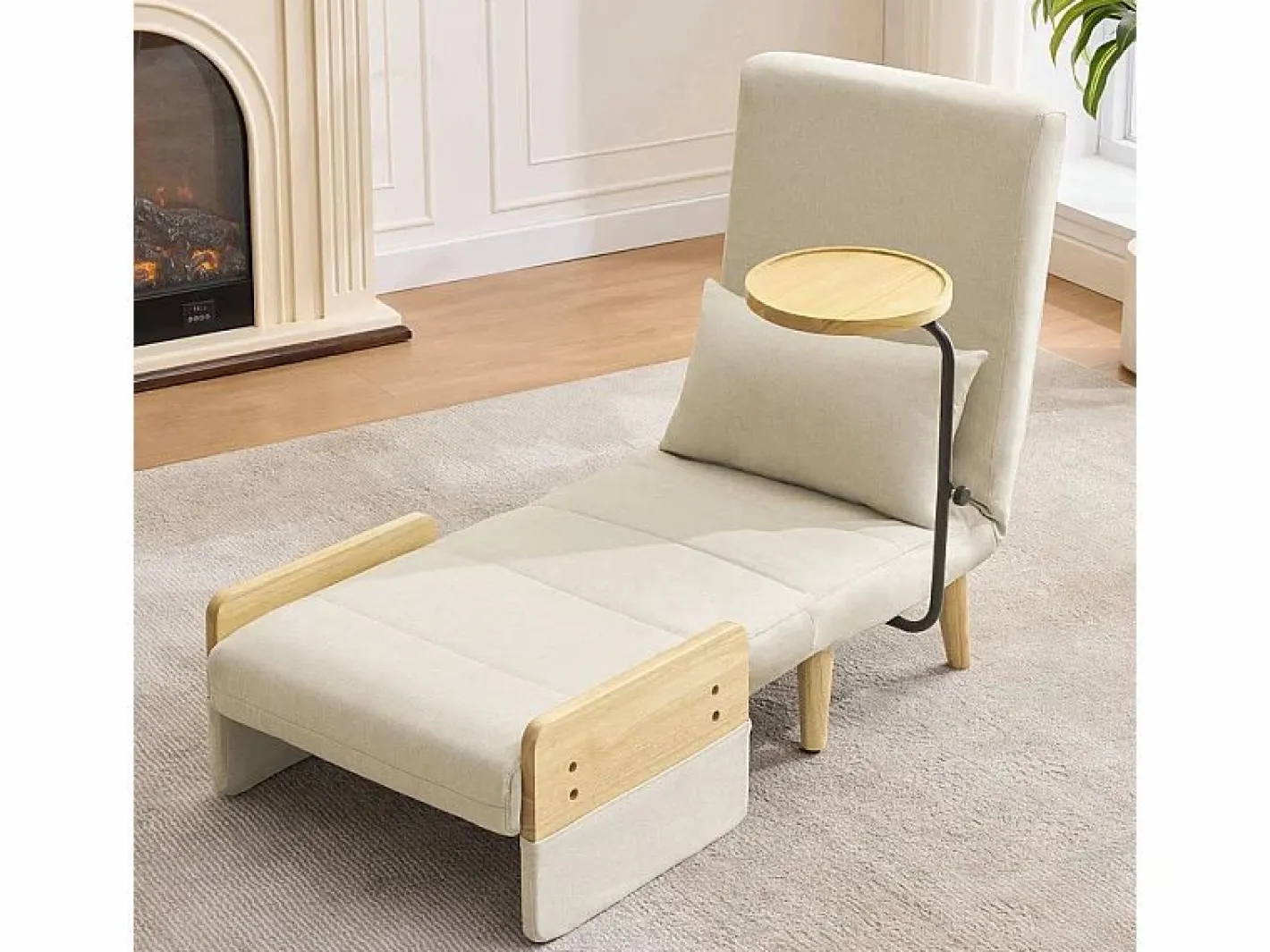 DripeX Sillón Cama|Sillón convertible de lino , con mesa de madera y almohada, respaldo ajustable, superficie para acostarse 180x62 cm