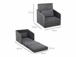 Sillón convertible en cama, 2 bolsillos de almacenamiento, estructura de metal, poliéster, (70x76x77 cm) Gris Online