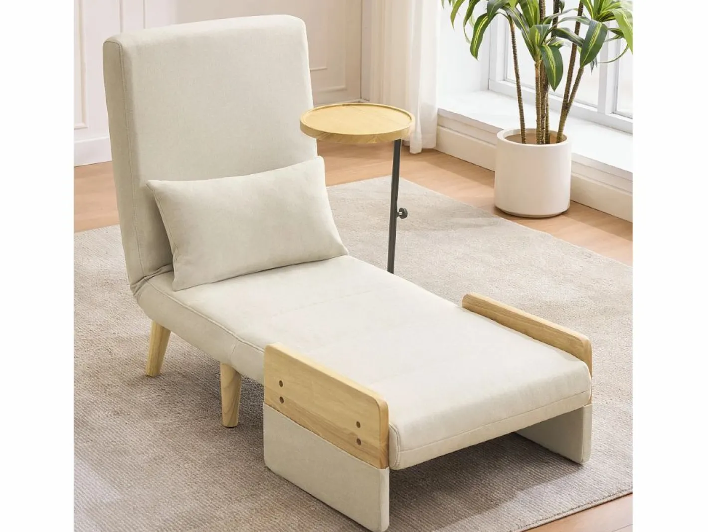 KOMHTOM Sillón convertible tres en uno con función de cama, equipado con una bandeja de madera, Beige Discount