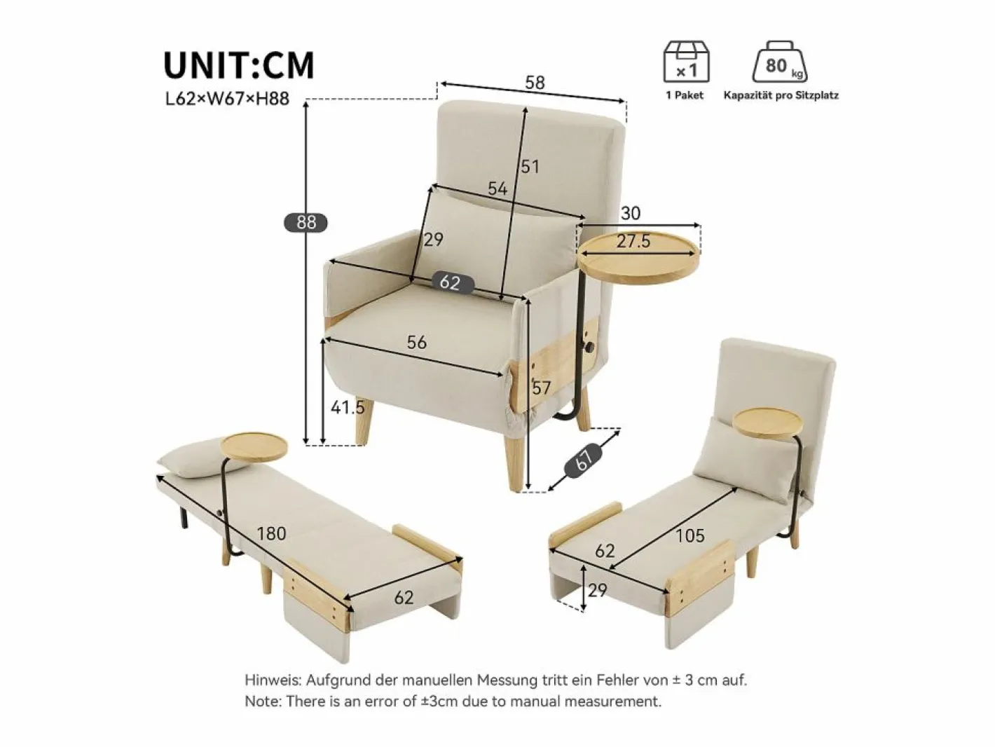 KOMHTOM Sillón convertible tres en uno con función de cama, equipado con una bandeja de madera, Beige Discount