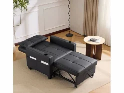 OKWISH Sillón de 1 plaza en cuero sintético con puerto USB y portavasos - Convertible en cama o chaise longue Negro Clearance