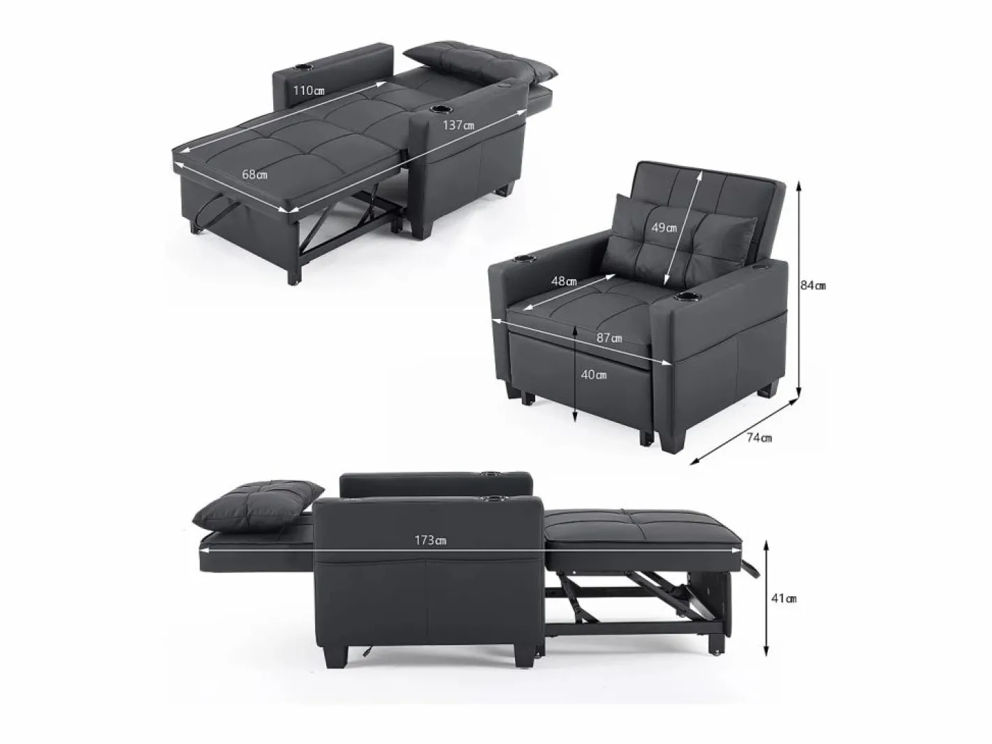 OKWISH Sillón de 1 plaza en cuero sintético con puerto USB y portavasos - Convertible en cama o chaise longue Negro Clearance