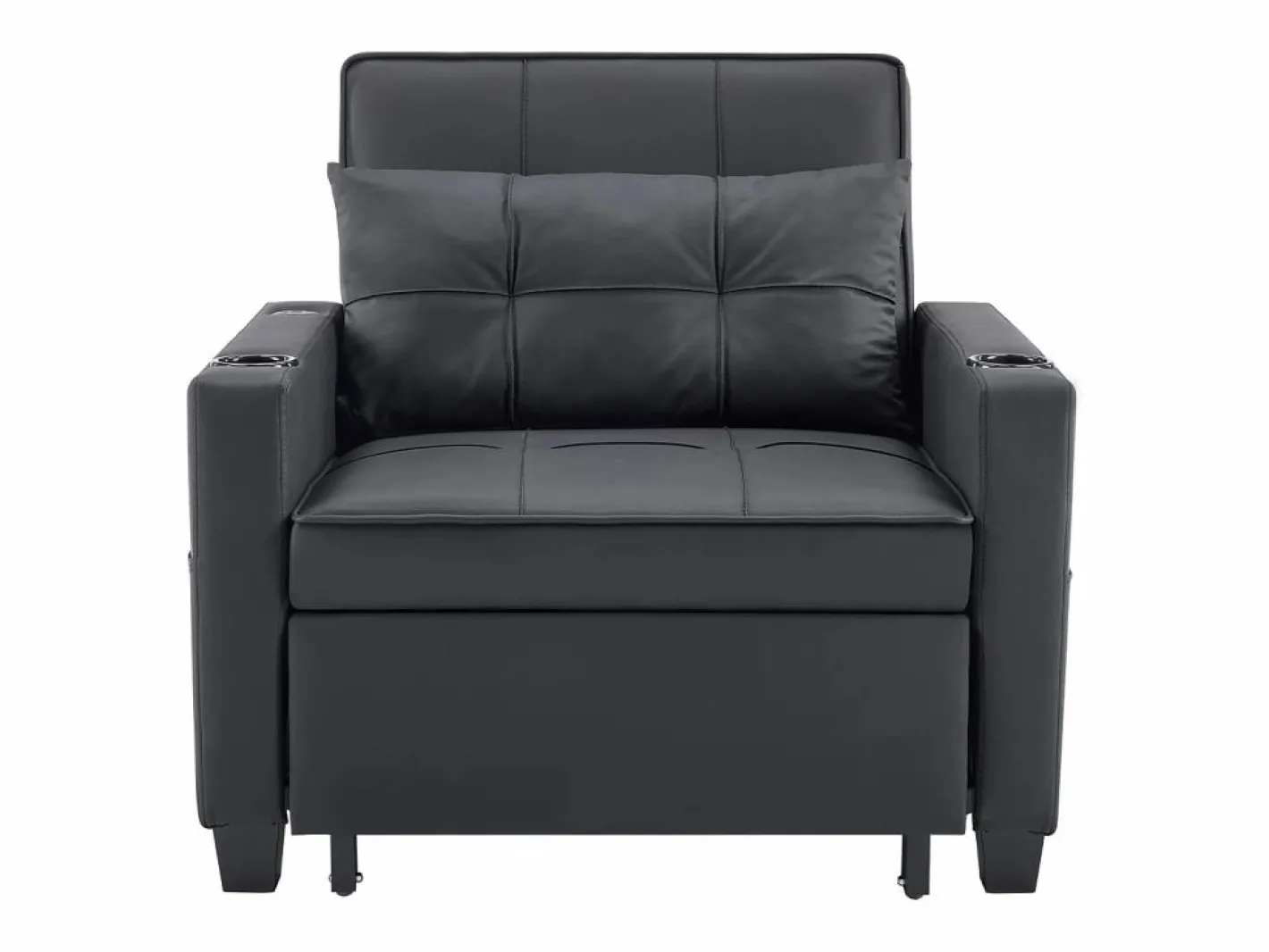 OKWISH Sillón de 1 plaza en cuero sintético con puerto USB y portavasos - Convertible en cama o chaise longue Negro Clearance