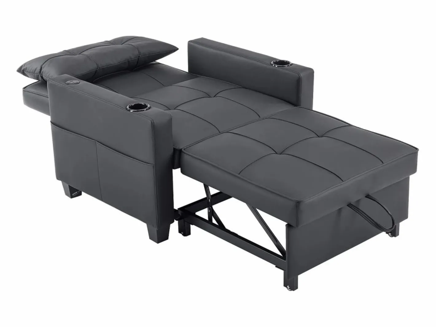 OKWISH Sillón de 1 plaza en cuero sintético con puerto USB y portavasos - Convertible en cama o chaise longue Negro Clearance