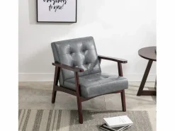 Sillón de cuero artificial tapizado estilo vintage - Sillón de madera natural para oficina o dormitorio, azul Gris Outlet