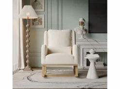Sillón, mecedora con cojín, silla de ocio, adecuada para sala de estar, dormitorio, balcón, lino, beige.^ Hot