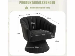 Merax Sillón moderno giratorio 360° - 70 x 66 x 72 cm - con asiento y respaldo ergonómicos + reposabrazos - terciopelo - Negro New
