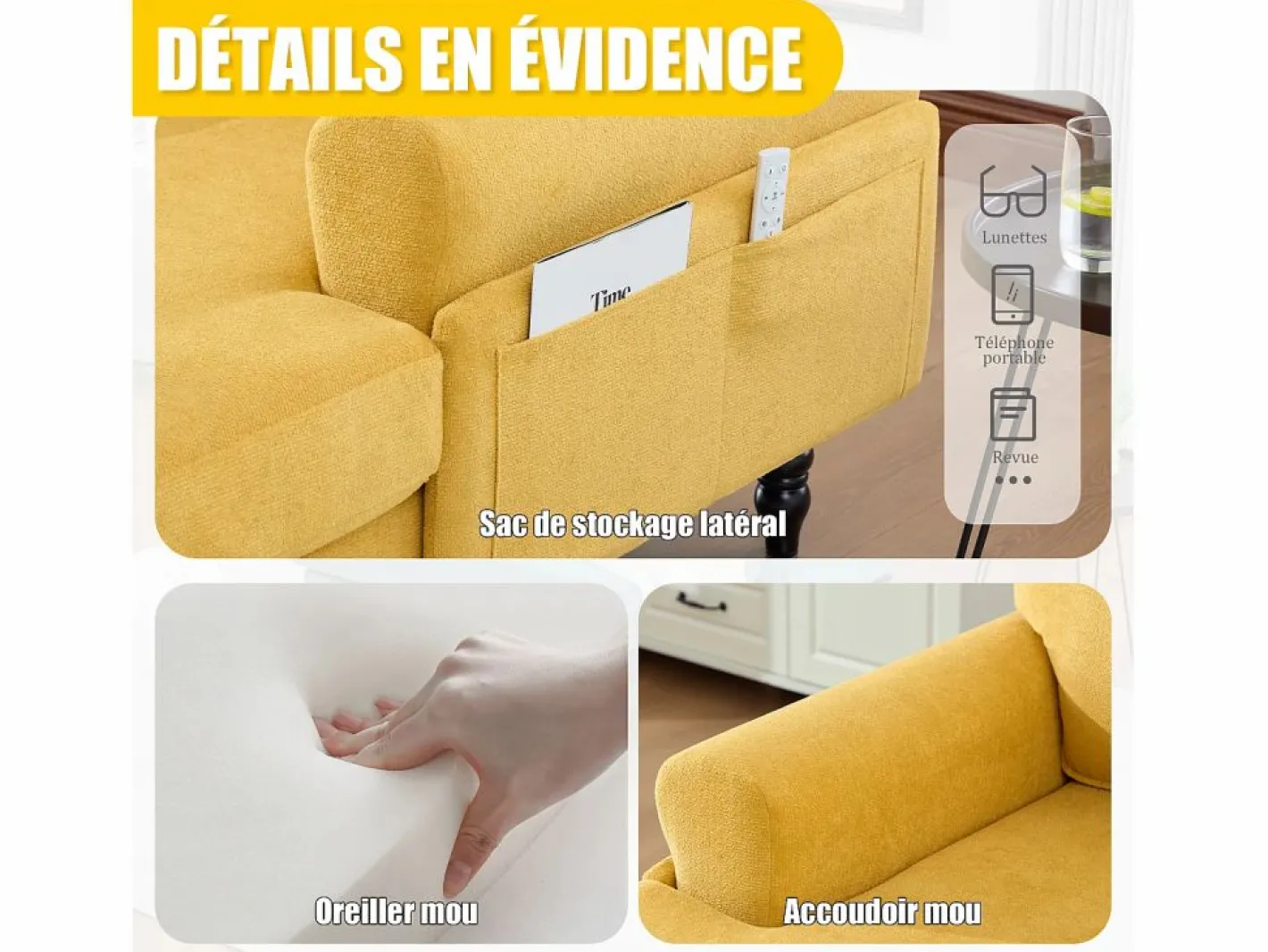 Sillón Escandinavo|Sillón Relax de 1 Plaza en Chenilla - Respaldo Envolvente, Asiento Extra Profundo 100cm, Estructura 250kg - Para Salón, Oficina o Balcón - Patas de Madera Maciza