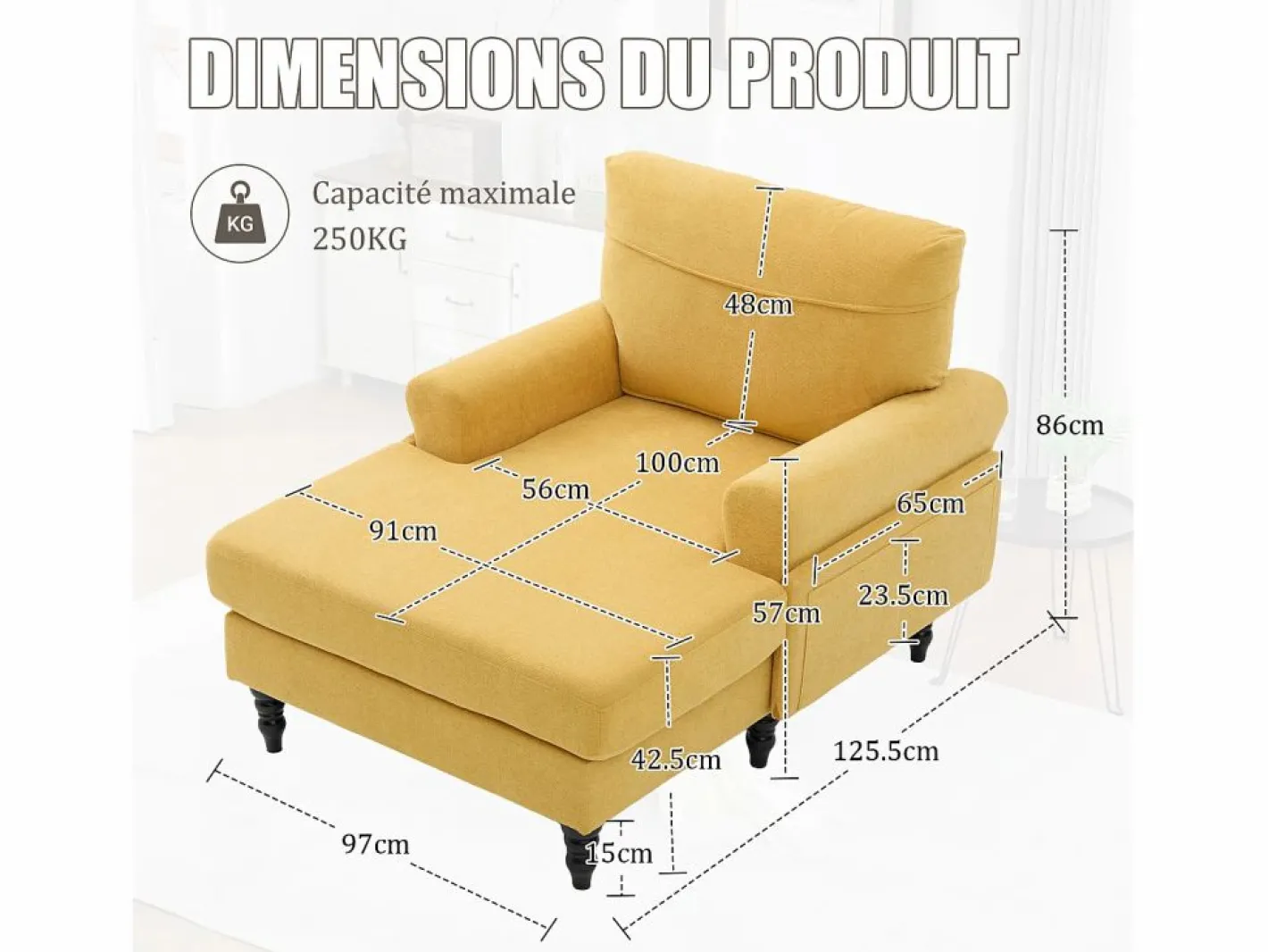 Sillón Escandinavo|Sillón Relax de 1 Plaza en Chenilla - Respaldo Envolvente, Asiento Extra Profundo 100cm, Estructura 250kg - Para Salón, Oficina o Balcón - Patas de Madera Maciza