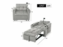 ModernLuxe Sillón retráctil de terciopelo - con portavasos + soporte para teléfono móvil - Gris claro Outlet
