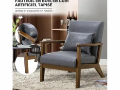 Sillón De Piel|Sillón tapizado estilo vintage de madera maciza - Silla de oficina/dormitorio (68,5 x 81 x 80 cm) en piel sintética gris
