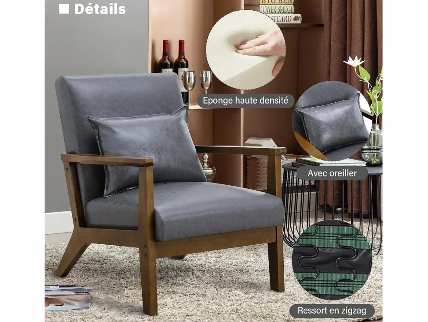 Sillón De Piel|Sillón tapizado estilo vintage de madera maciza - Silla de oficina/dormitorio (68,5 x 81 x 80 cm) en piel sintética gris