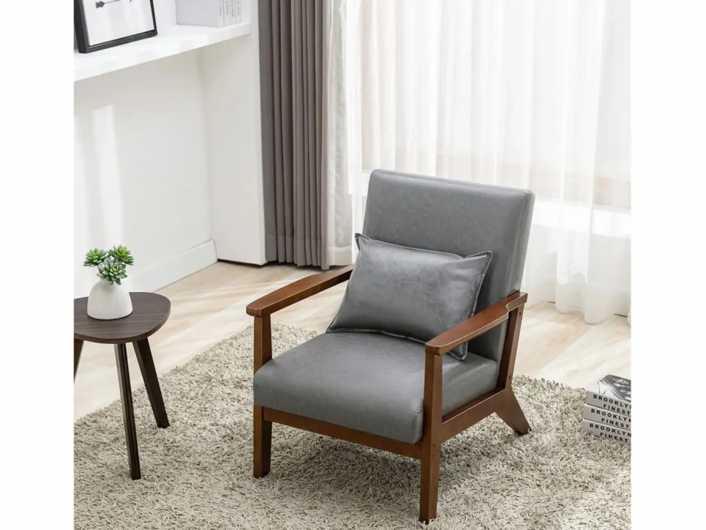Sillón De Piel|Sillón tapizado estilo vintage de madera maciza - Silla de oficina/dormitorio (68,5 x 81 x 80 cm) en piel sintética gris