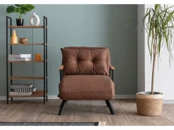 Menzzo Sillón Escandinavo|Sillón-cama de 1 plaza – color marrón claro – estructura 100% metal – tejido de lino