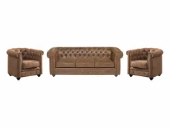 Vente-unique Sofá 3 plazas + 2 sillones CHESTERFIELD Microfibra Marru00f3n Discount
