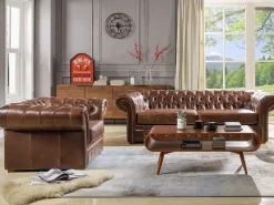 Vente-unique Todos Los Sofás|Sofás Chesterfield|Sofá 2 plazas chesterfield de piel envejecida CLOTAIRE