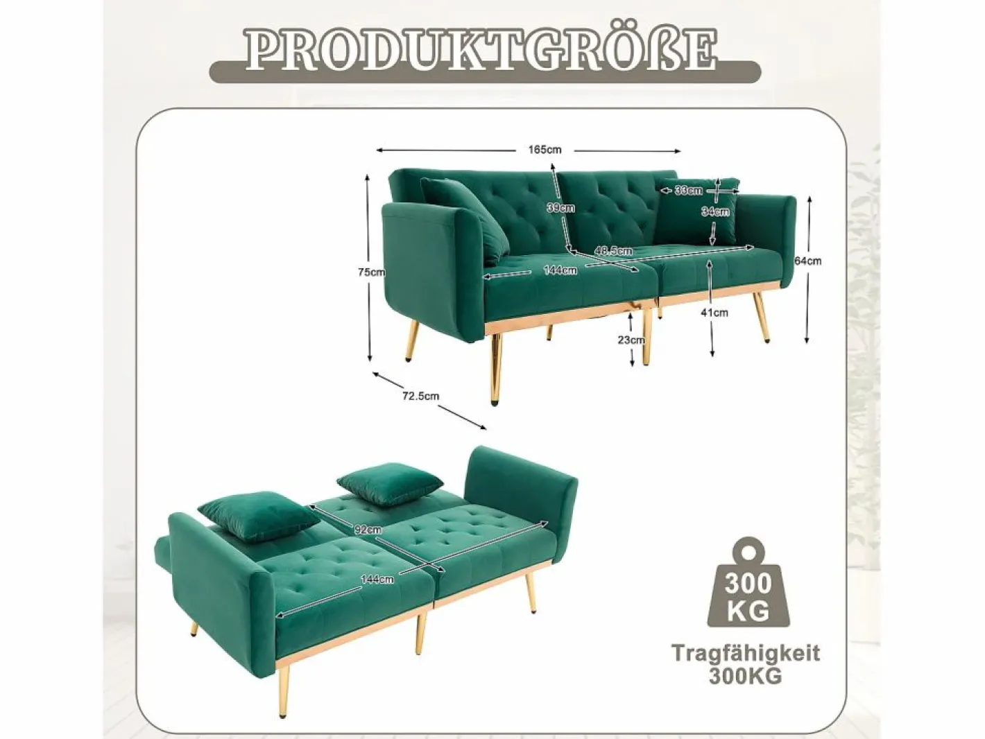 Sofá 2 plazas con brazos - Sofá recto con respaldo regulable y 2 cojines - terciopelo Verde Hot