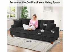 DripeX Sofá 3 Plazas de Pana, con 2 Cojines, asientos extra profundos de 53cm, 220x76x84cm, Negro