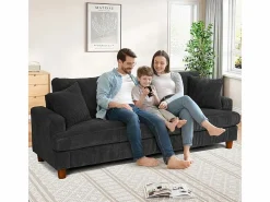 DripeX Sofá 3 Plazas de Pana, con 2 Cojines, asientos extra profundos de 53cm, 220x76x84cm, Negro