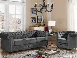Vente-unique Sofás Chesterfield|Sofá 3 plazas de terciopelo color gris plata CHESTERFIELD