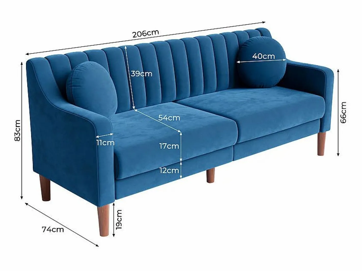 DripeX Sofá 3 plazas de terciopelo - patas de madera maciza 19cm - con 2 cojines - 206x74x83cm - Azul Clearance