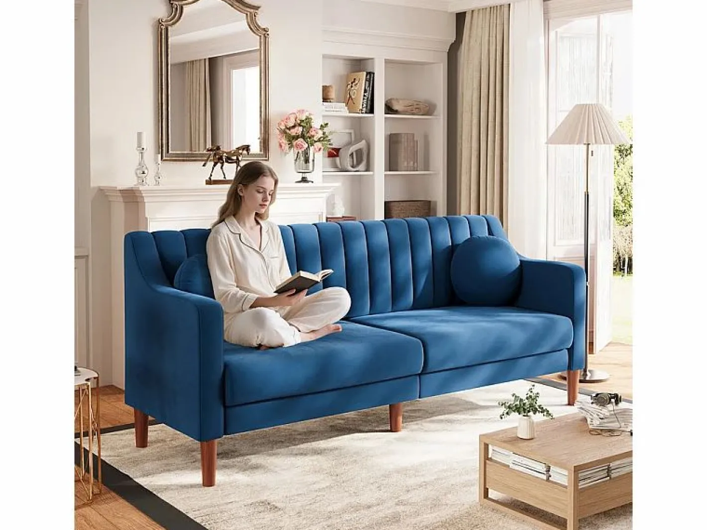 DripeX Sofá 3 plazas de terciopelo - patas de madera maciza 19cm - con 2 cojines - 206x74x83cm - Azul Clearance