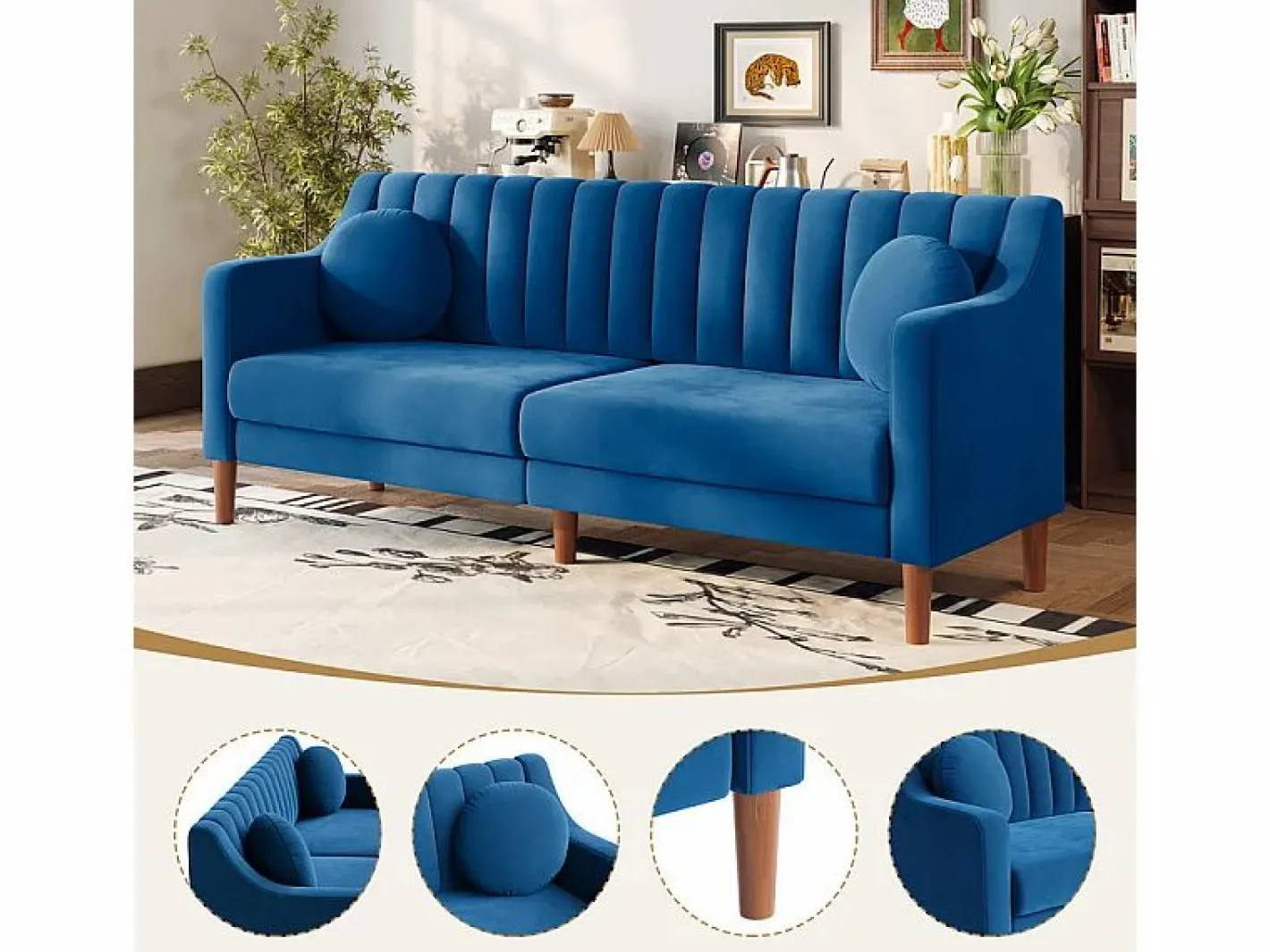 DripeX Sofá 3 plazas de terciopelo - patas de madera maciza 19cm - con 2 cojines - 206x74x83cm - Azul Clearance