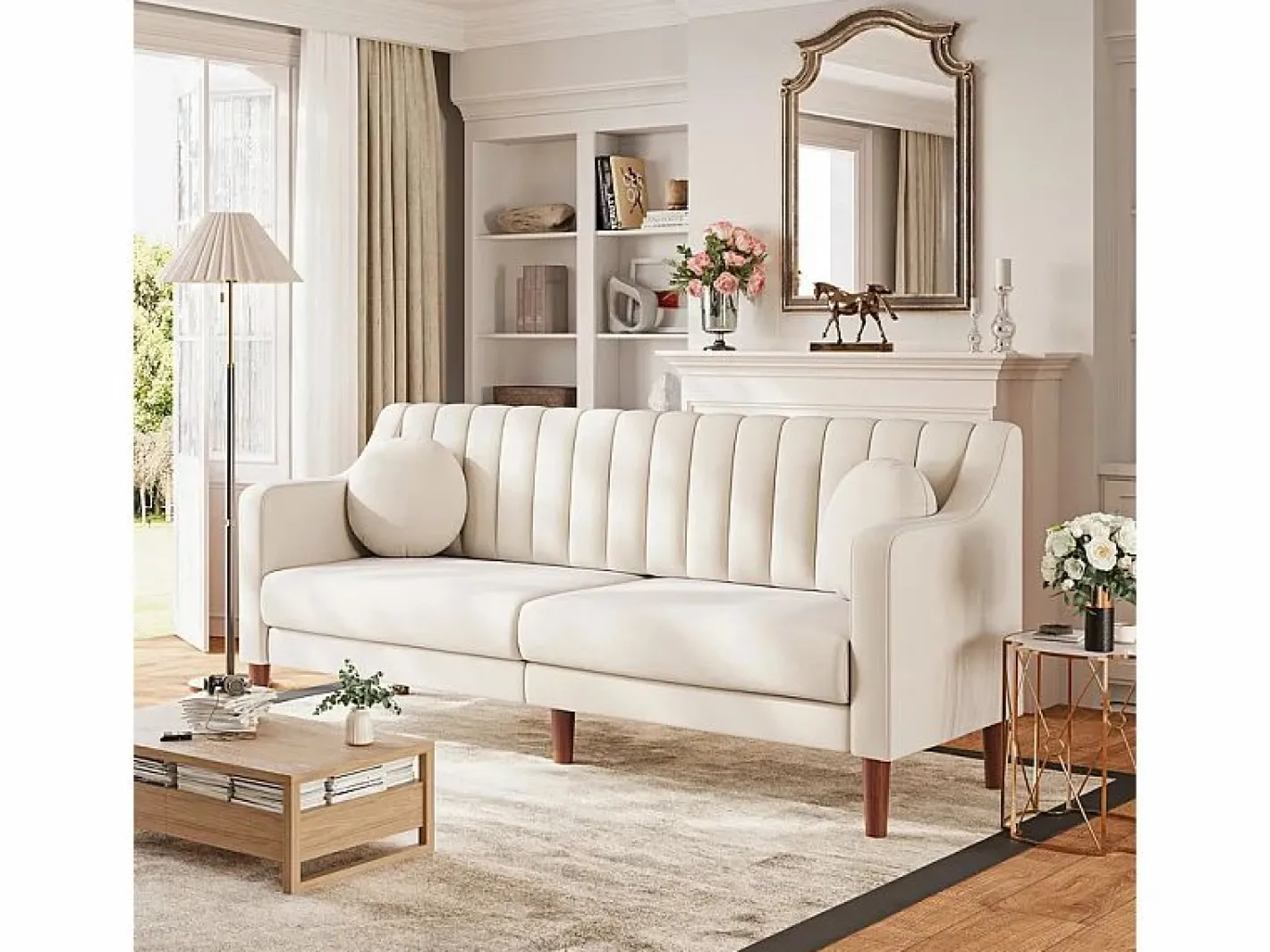 DripeX Sofá 3 plazas de terciopelo - patas de madera maciza 19cm - con 2 cojines - 206x74x83cm - Beige Online