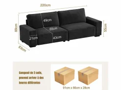 Sofá 3 plazas en chenille - con grandes brazos - 55cm asiento profundo - 220 x 83 x 88 cm^DripeX New