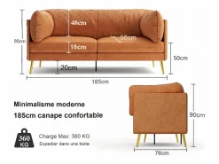 DripeX Sofá 2/3 plazas en imitación de piel, con 56 cm de profundidad y cómoda cojines de asiento, 185x76x90 cm, Naranja Hot