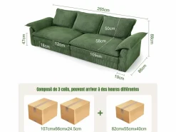 DripeX Sofá 3 plazas en pana, con 2 cojines de brazo, desmontables y lavables, 265x86x88cm, Verde