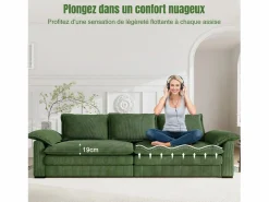 DripeX Sofá 3 plazas en pana, con 2 cojines de brazo, desmontables y lavables, 265x86x88cm, Verde