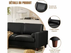 DripeX Sofá 3 plazas en skai, con otomana y 2 cojines redondos, estructura de madera, 234x155x88cm, Negro Hot