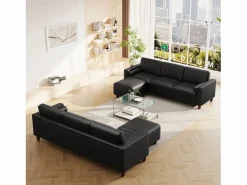 DripeX Sofá 3 plazas en skai, con otomana y 2 cojines redondos, estructura de madera, 234x155x88cm, Negro Hot