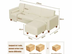 Sofá 3 plazas en skai, con otomana y 2 cojines redondos, estructura de madera, 234x155x88cm,^DripeX Hot