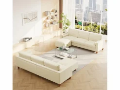 Sofá 3 plazas en skai, con otomana y 2 cojines redondos, estructura de madera, 234x155x88cm,^DripeX Hot