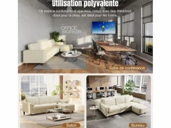 Sofá 3 plazas en skai, con otomana y 2 cojines redondos, estructura de madera, 234x155x88cm,^DripeX Hot