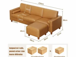 DripeX Sofás Club|Sofás De Piel Sintética|Sofá 3 plazas en skai, con otomana y 2 cojines redondos, estructura de madera, 234x155x88cm,