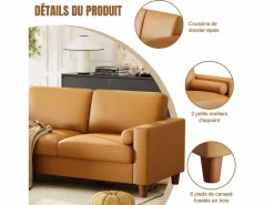 DripeX Sofás Club|Sofás De Piel Sintética|Sofá 3 plazas en skai, con otomana y 2 cojines redondos, estructura de madera, 234x155x88cm,