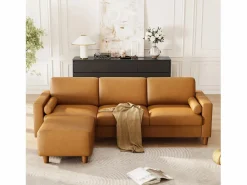 DripeX Sofás Club|Sofás De Piel Sintética|Sofá 3 plazas en skai, con otomana y 2 cojines redondos, estructura de madera, 234x155x88cm,