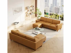 DripeX Sofás Club|Sofás De Piel Sintética|Sofá 3 plazas en skai, con otomana y 2 cojines redondos, estructura de madera, 234x155x88cm,