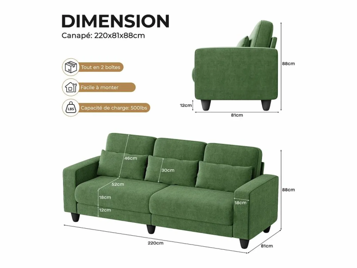 DripeX Sofá 3 plazas en tejido chenille - con 3 cojines - funda desmontable lavable - 220x81x88cm Verde Best