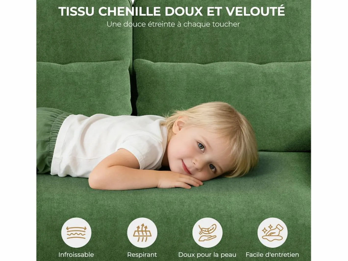 DripeX Sofá 3 plazas en tejido chenille - con 3 cojines - funda desmontable lavable - 220x81x88cm Verde Best