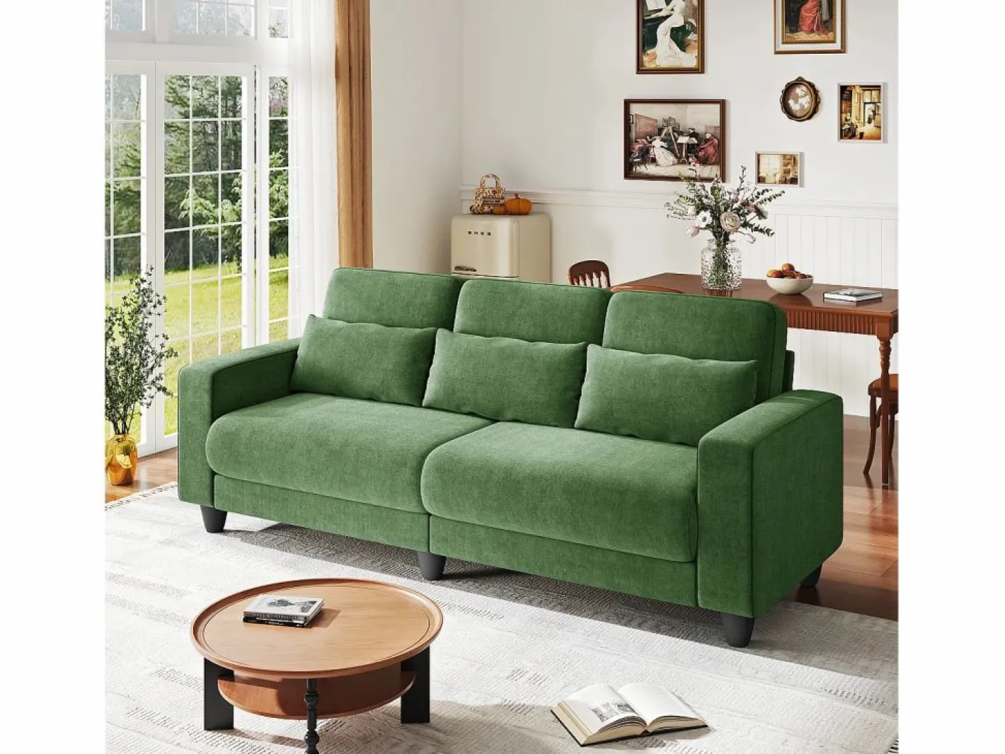 DripeX Sofá 3 plazas en tejido chenille - con 3 cojines - funda desmontable lavable - 220x81x88cm Verde Best