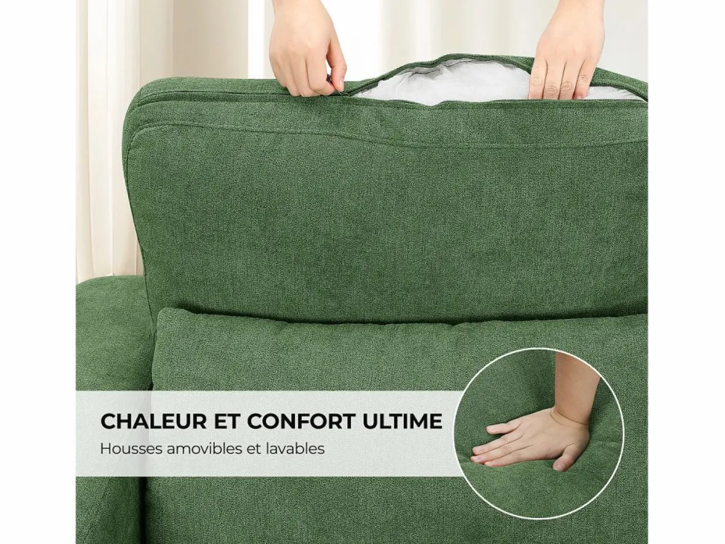 DripeX Sofá 3 plazas en tejido chenille - con 3 cojines - funda desmontable lavable - 220x81x88cm Verde Best