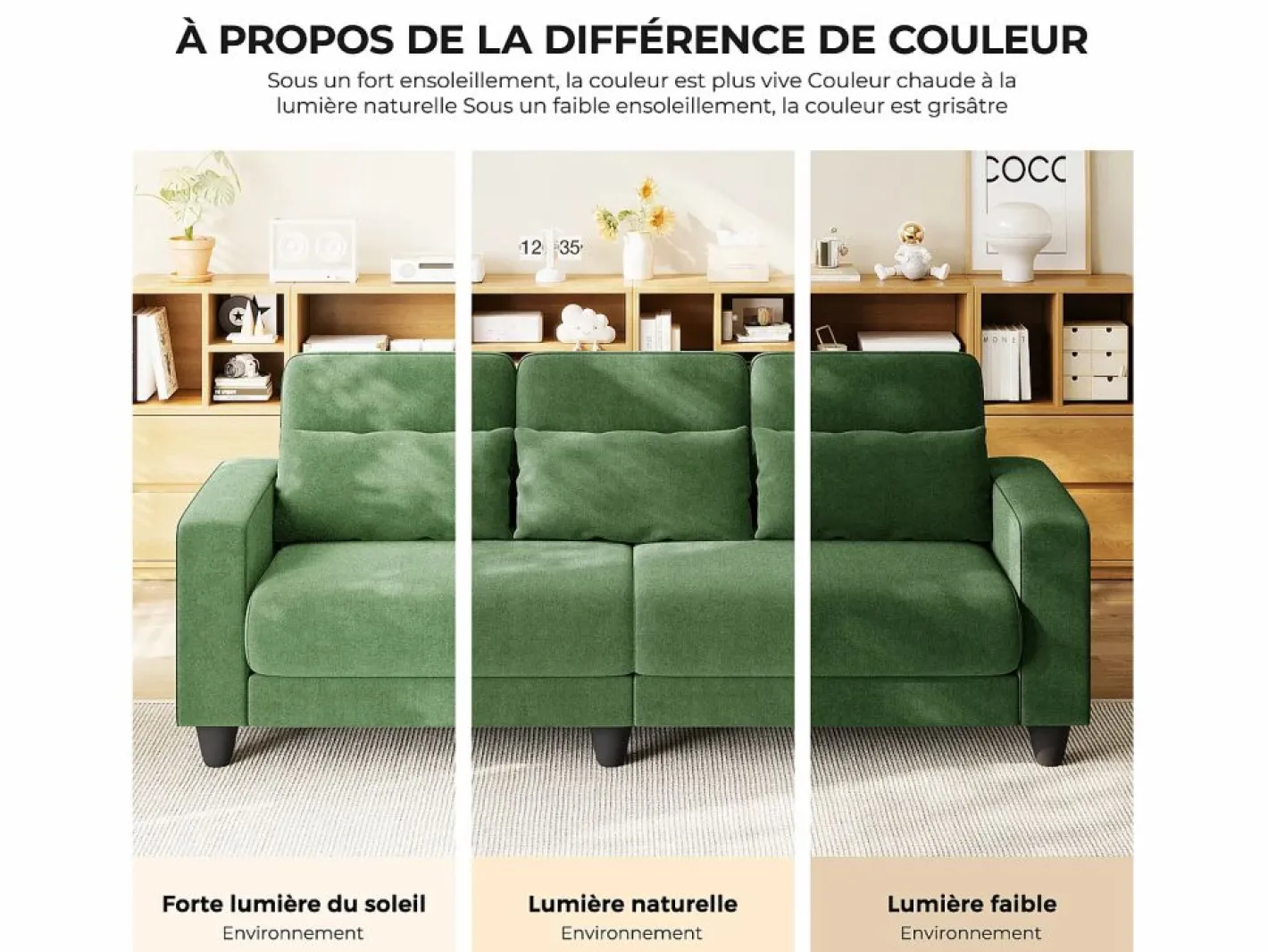 DripeX Sofá 3 plazas en tejido chenille - con 3 cojines - funda desmontable lavable - 220x81x88cm Verde Best